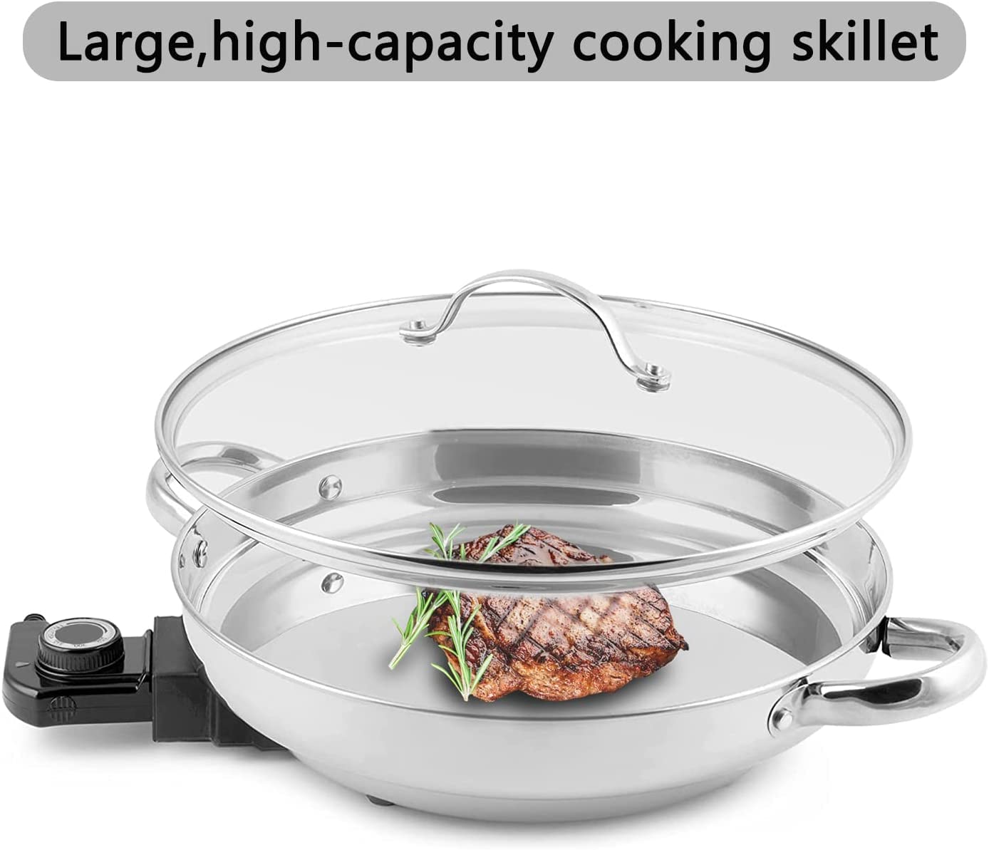 11.8-Inch Capacity Electric Skillet - for Simmer Fry Bake Steam (Silver)