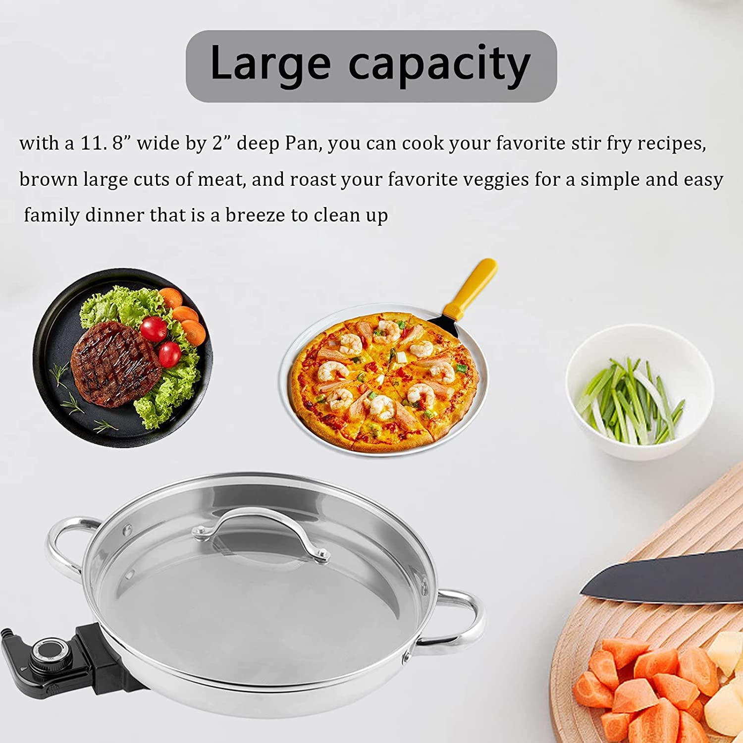 11.8-Inch Capacity Electric Skillet - for Simmer Fry Bake Steam (Silver)