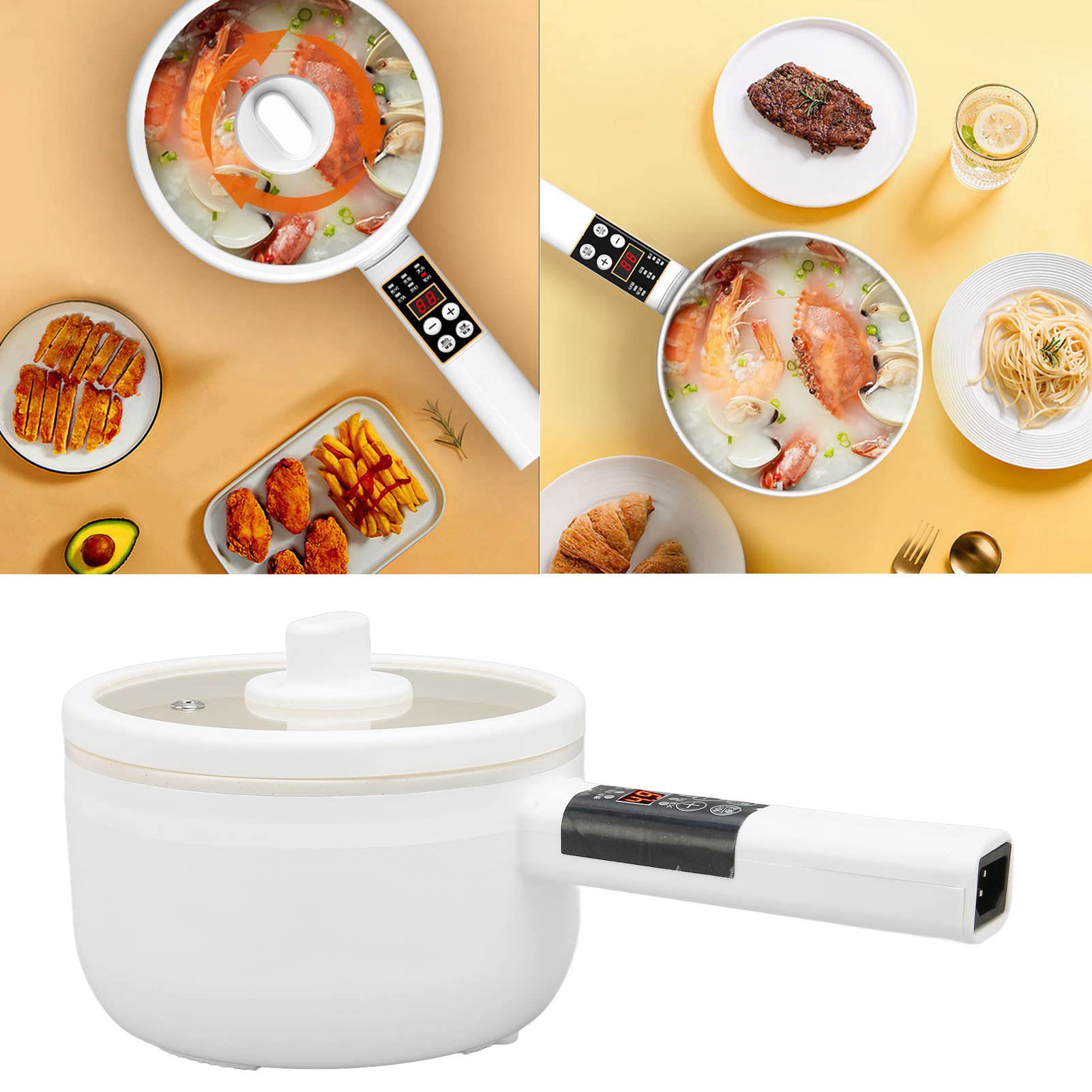 Hot Pot Electric, 700W 1.8L Single Layer Portable Electric Frying Pan Multifunction Electric Skillet 5 Cooking Modes LED Touch Control for Steamed, Fried, Boiled, Stewed(US Plug 110V)