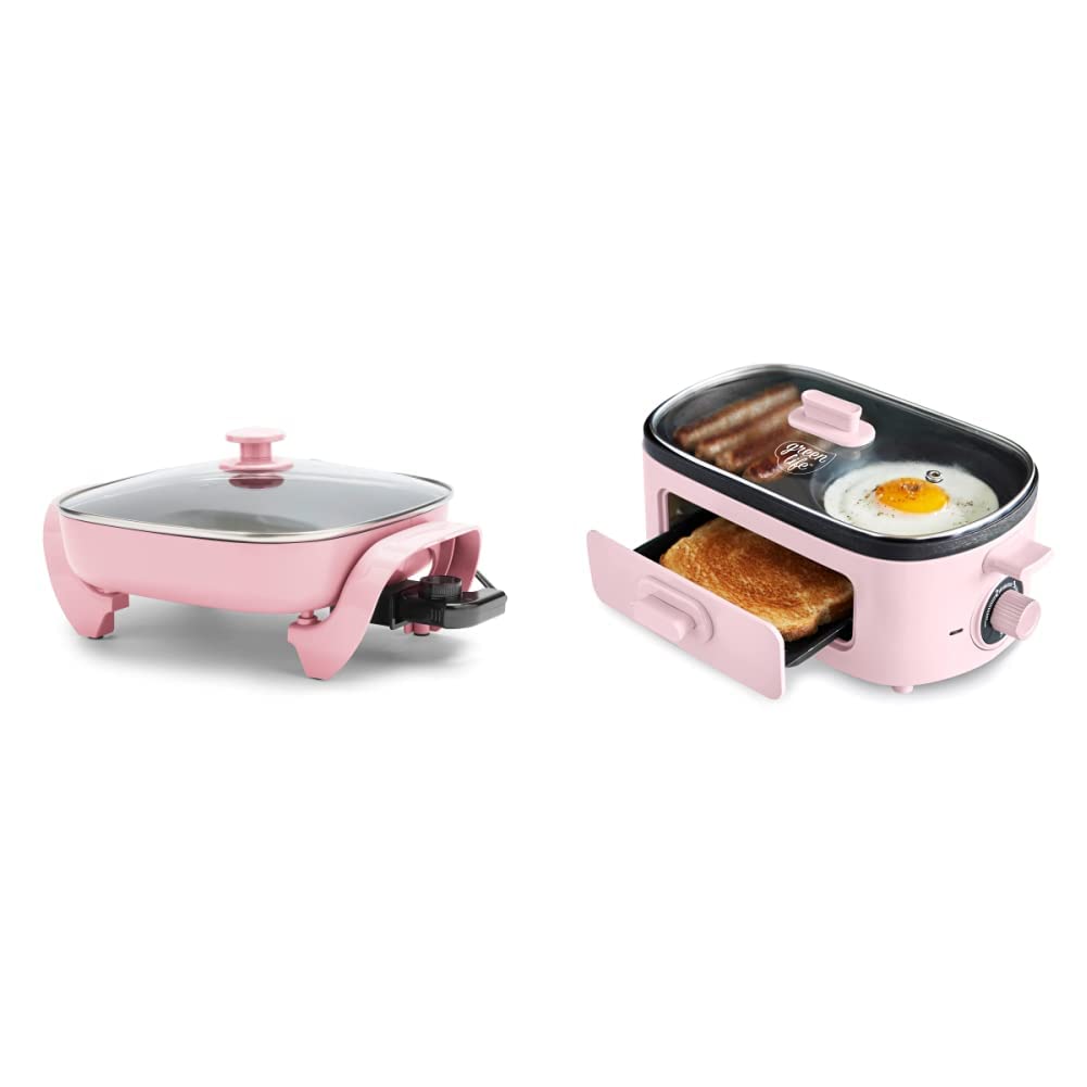 GreenLife Healthy Ceramic Nonstick 12" Square Electric Skillet (5QT) and 3-in-1 Breakfast Maker Station, Pink