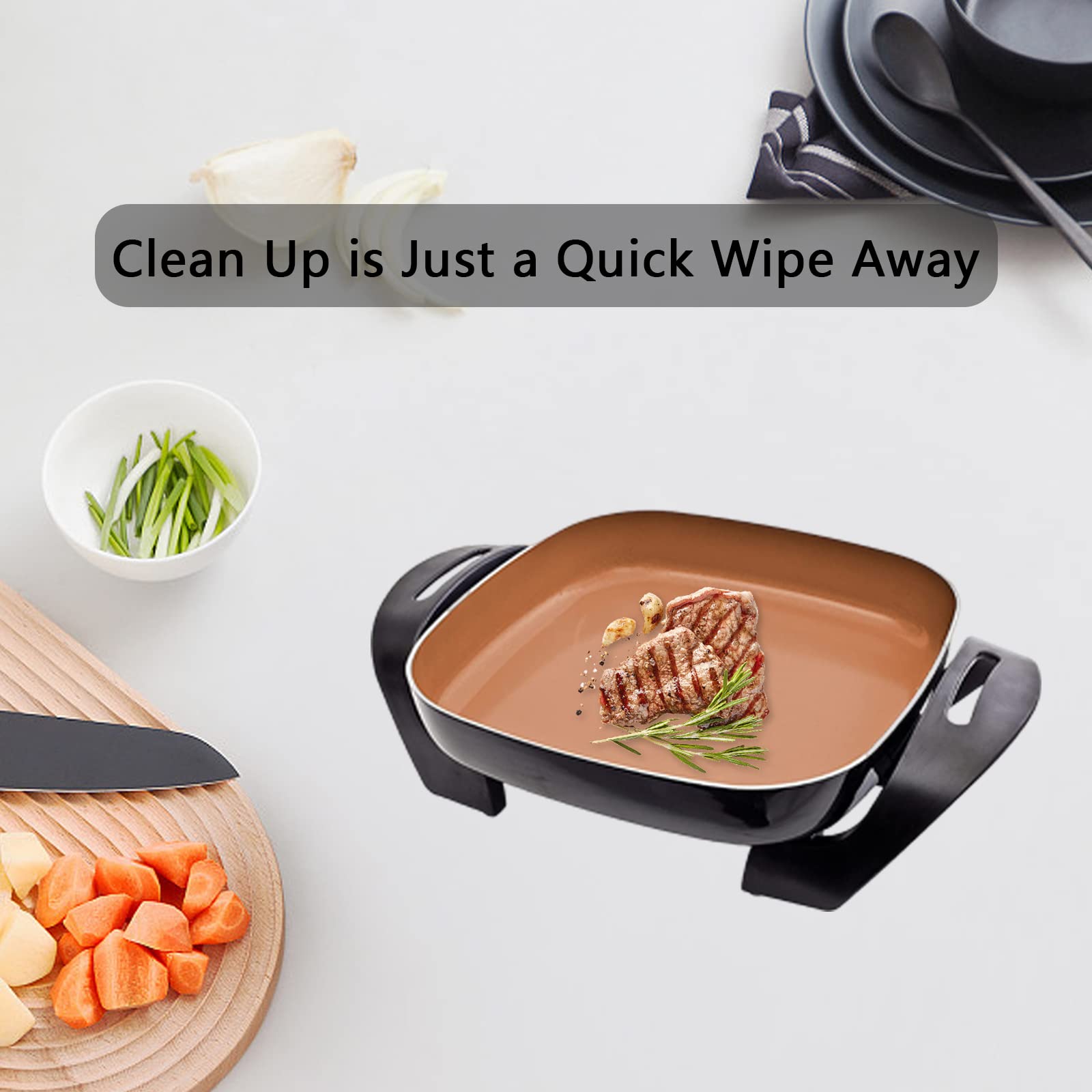 Ceramic Nonstick Electric Skillet - for Roast Fry Steam - Serves 4 to 6 People (12"x12")