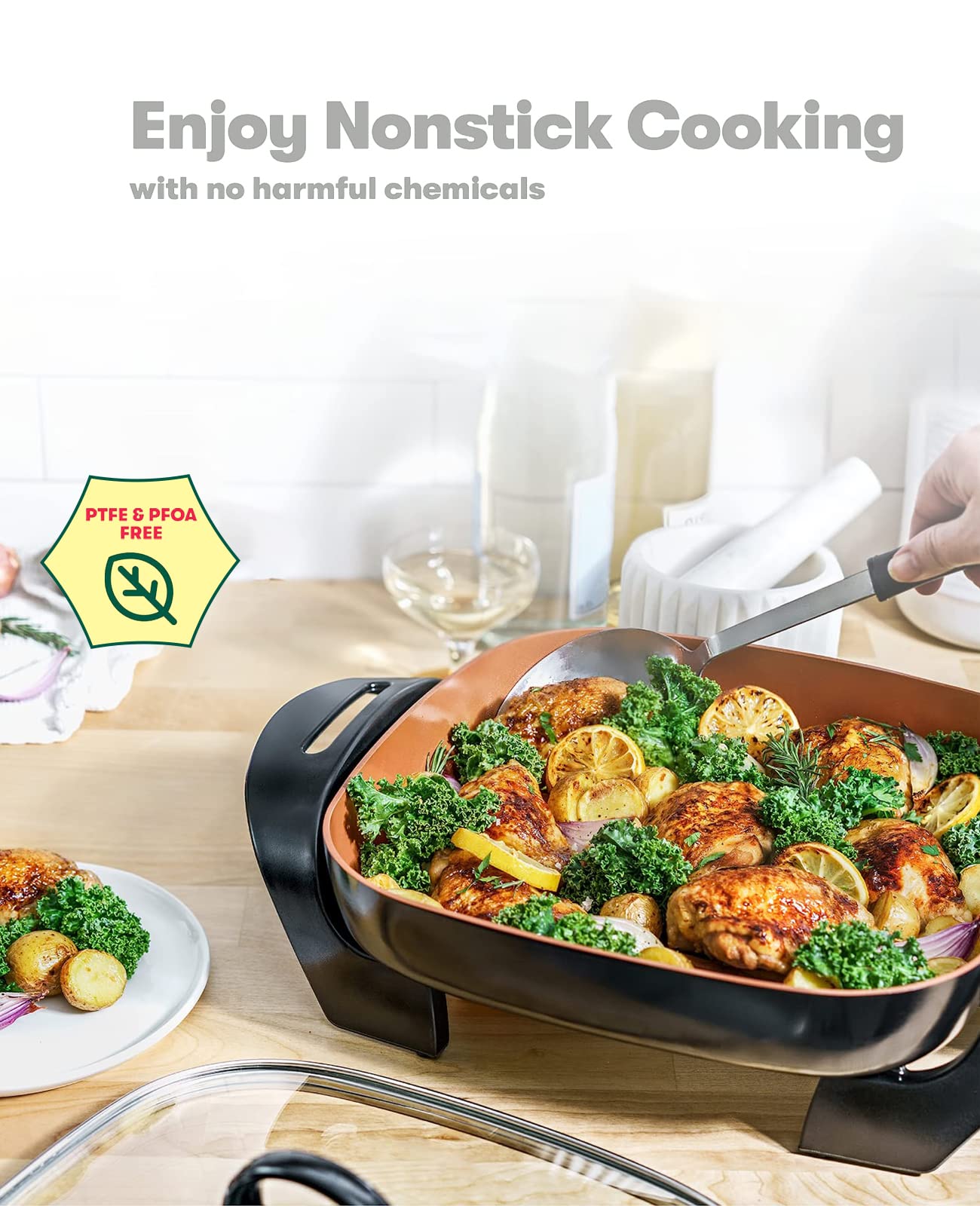 Ceramic Nonstick Electric Skillet - for Roast Fry Steam - Serves 4 to 6 People (12"x12")