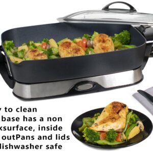 16-inch Electric Foldaway Nonstick Skillet - with Tempered glass cover & stay-cool handles allow skillet to double as a buffet server, black