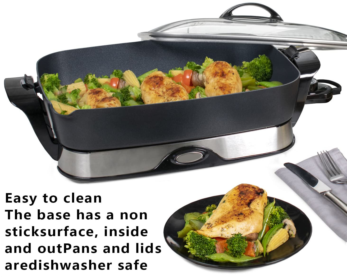 16-inch Electric Foldaway Nonstick Skillet - with Tempered glass cover & stay-cool handles allow skillet to double as a buffet server, black