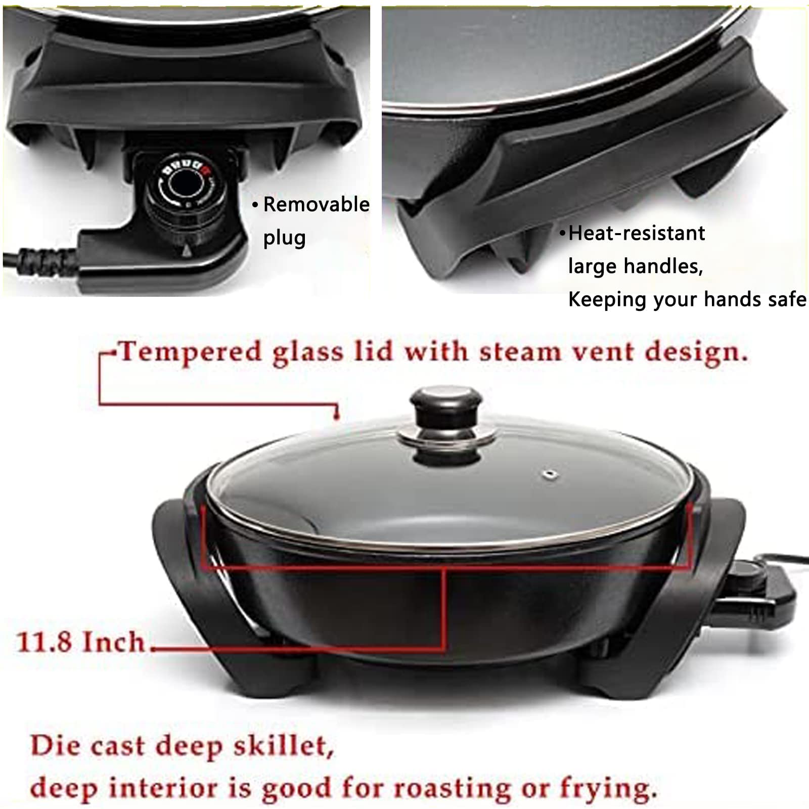 Nonstick Extra Deep Electric Skillet - With Lid With Steam Vent (12 Inch)