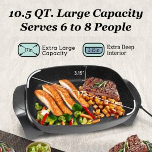 10.5-Qt Large Electric Skillet Nonstick Extra Deep, with Glass Vented Lid