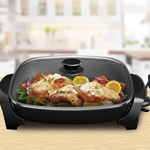 Elite Gourmet EG-8619 Non-Stick Deep Dish Heavy Duty Electric Skillet with Tempered Glass Vented Lid and Easy-Pour Spout, Dishwasher Safe, 1500W, 8 Quart, Rectangle 16" x 13", Black