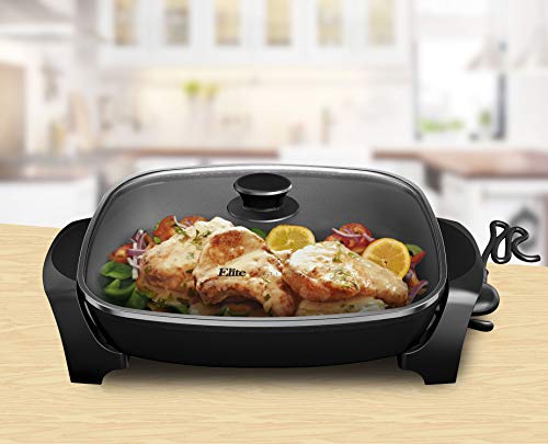 Elite Gourmet EG-8619 Non-Stick Deep Dish Heavy Duty Electric Skillet with Tempered Glass Vented Lid and Easy-Pour Spout, Dishwasher Safe, 1500W, 8 Quart, Rectangle 16" x 13", Black