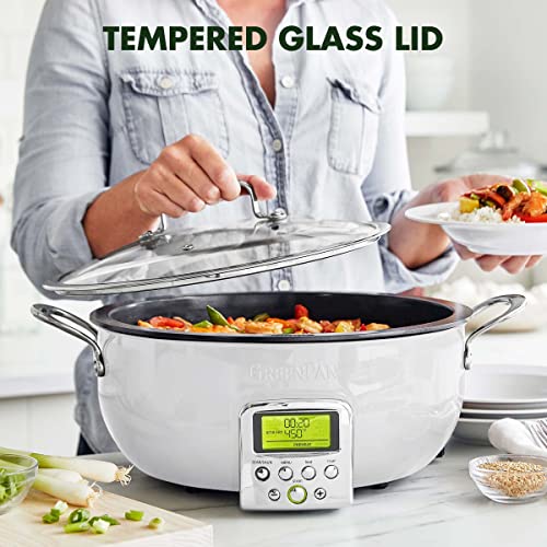 GreenPan Elite Essential Smart Electric 6QT Skillet Pot,Sear Saute Stir-Fry and Cook Rice, Healthy Ceramic Nonstick and Dishwasher Safe Parts, Easy-to-use LED Display, PFAS-Free, Cream White