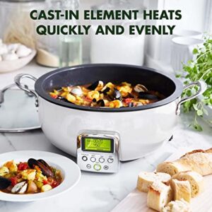 GreenPan Elite Essential Smart Electric 6QT Skillet Pot,Sear Saute Stir-Fry and Cook Rice, Healthy Ceramic Nonstick and Dishwasher Safe Parts, Easy-to-use LED Display, PFAS-Free, Cream White