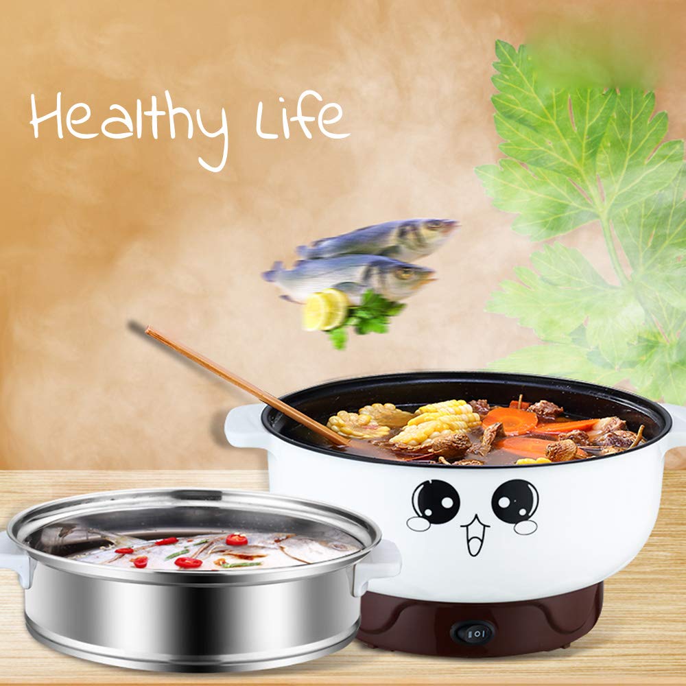 4-in-1 Multifunction Electric Skillet Non-Stick Stainless Steel Hot Pot Noodles Rice Cooker Soup Pot Portable Mini Heating Pan Cooking Fried (Diameter 26CM, 3.6L, Electric Skillet with Steam Grid)