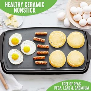 GreenLife 20" Electric Griddle, Extra Large Surface for Pancakes Eggs Fajitas, Healthy Ceramic Nonstick Coating, Stay Cool Handles, Removable Drip Tray, Temperature Control, PFAS-Free, Black