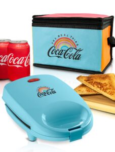 nostalgia coca-cola sandwich maker with beverage cooler bag, non-stick panini press with lock feature, peace and harmony