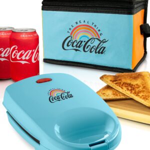 Nostalgia Coca-Cola Sandwich Maker with Beverage Cooler Bag, Non-Stick Panini Press with Lock Feature, Peace and Harmony