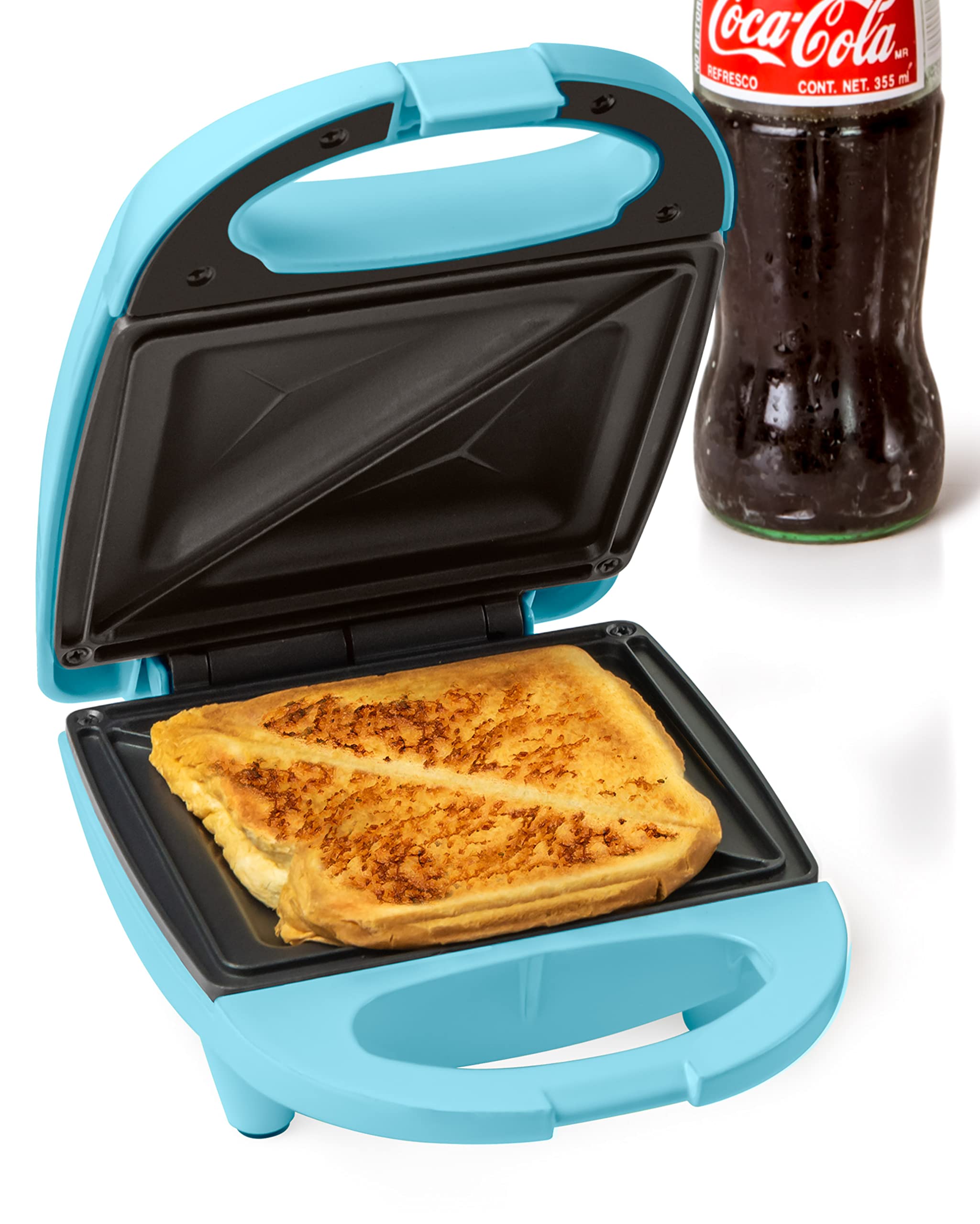 Nostalgia Coca-Cola Sandwich Maker with Beverage Cooler Bag, Non-Stick Panini Press with Lock Feature, Peace and Harmony