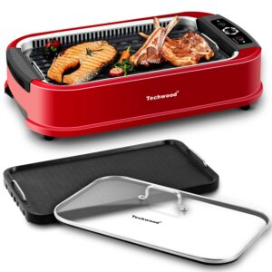 techwood indoor smokeless grill, 1500w electric bbq grill and non-stick grill plates with temperature control, removable drip tray, tempered glass lid, red