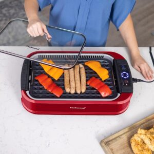 Techwood Indoor Smokeless Grill, 1500W Electric BBQ Grill and Non-Stick Grill Plates with Temperature Control, Removable Drip Tray, Tempered Glass Lid, Red