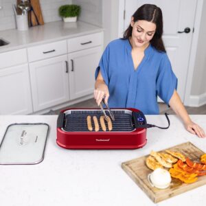 Techwood Indoor Smokeless Grill, 1500W Electric BBQ Grill and Non-Stick Grill Plates with Temperature Control, Removable Drip Tray, Tempered Glass Lid, Red