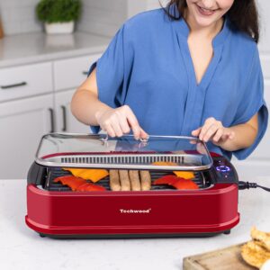 Techwood Indoor Smokeless Grill, 1500W Electric BBQ Grill and Non-Stick Grill Plates with Temperature Control, Removable Drip Tray, Tempered Glass Lid, Red