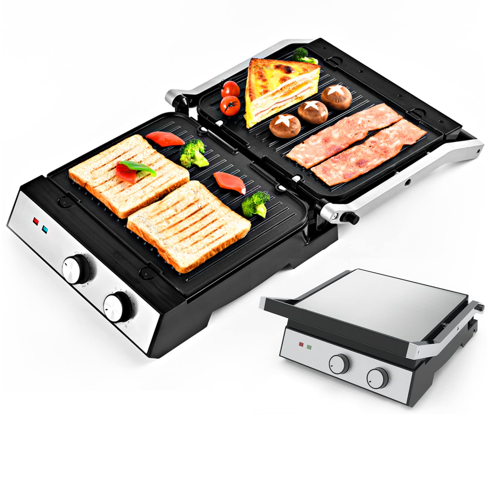 FELAYZA Smokeless Indoor Electric Grill & Panini Press, 8-Serving, Nonstick Removable Plate, Temp & Time Adjustable, Indoor Table Aluminum Grill with Removable Drip Tray for BBQ, Sandwich, Pancake etc