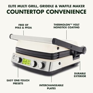 GreenPan Elite 7-in-1 Multi-Function Contact Grill & Griddle, Healthy Ceramic Nonstick Aluminum, Grill & Waffle Plates, Adjustable Shade & Shear, Closed Press/Open Flat Surface, PFAS-Free, Cream White