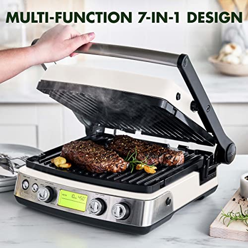 GreenPan Elite 7-in-1 Multi-Function Contact Grill & Griddle, Healthy Ceramic Nonstick Aluminum, Grill & Waffle Plates, Adjustable Shade & Shear, Closed Press/Open Flat Surface, PFAS-Free, Cream White