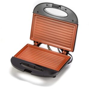 zenith zenith electric indoor panini grill maker with zera copper non-stick grilling plates, countertop bread toaster easy storage 77062 0