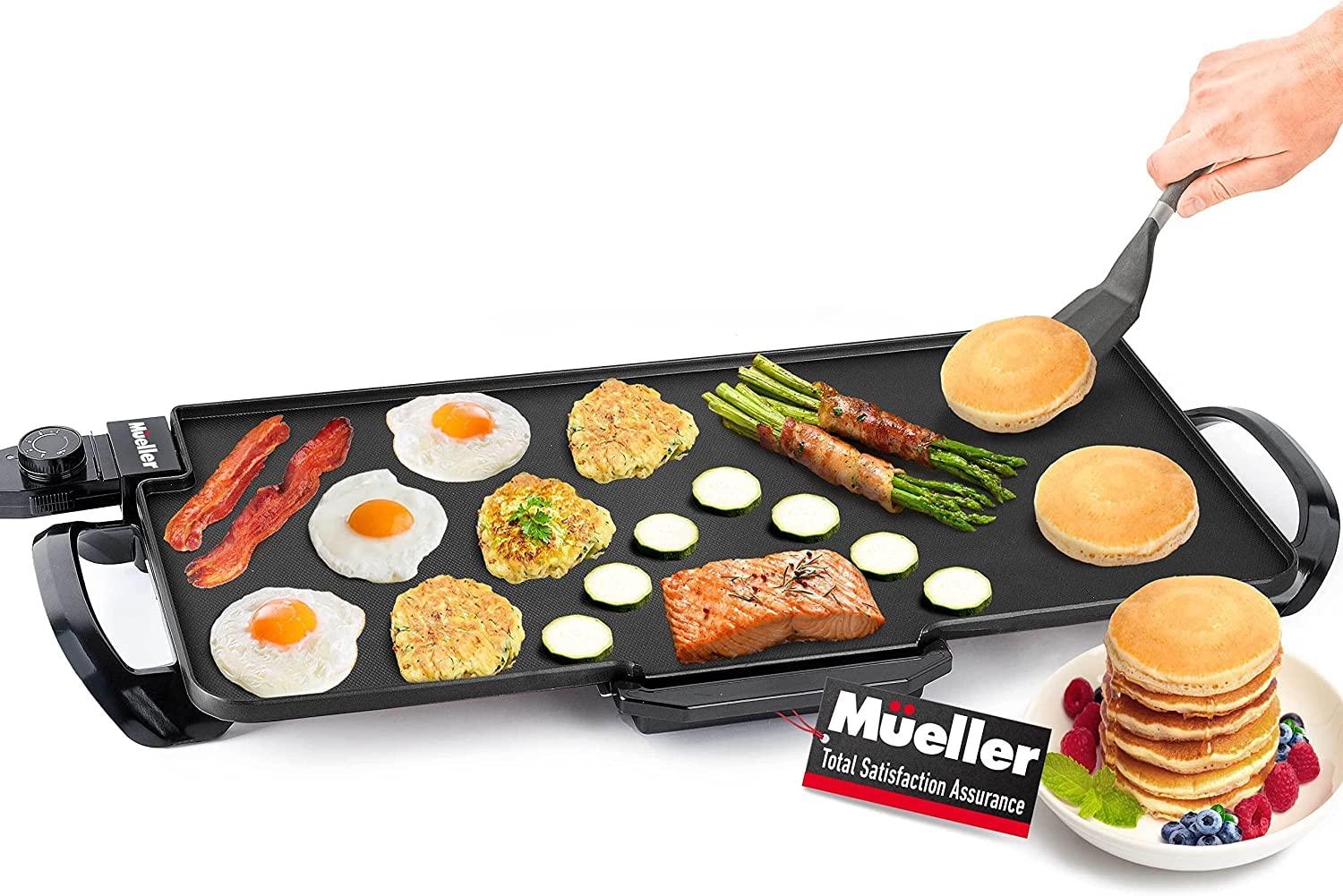 Mueller XL 24-Inch Pancake Griddle, Non-Stick Coated Electric Griddle with Removable Plate, Cool-Touch Removable Handles and Slide-Out Drip Tray 1800W, for Breakfast Pancakes, Burgers, Eggs, Black