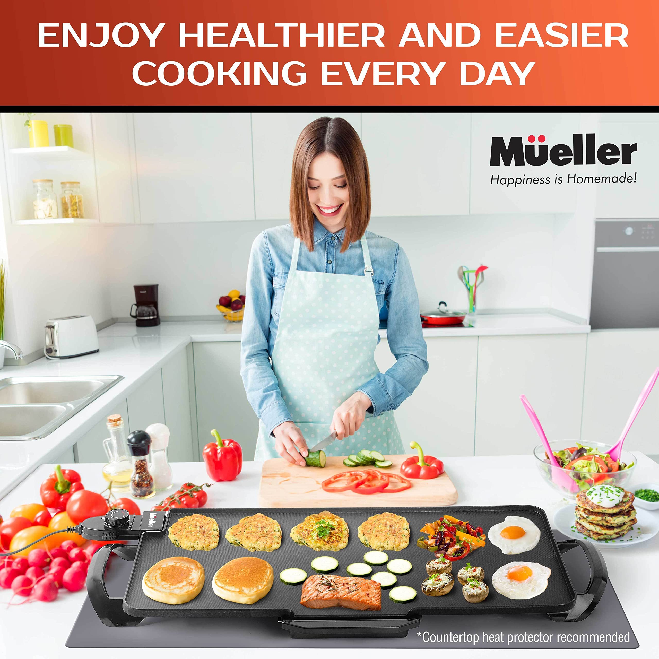 Mueller XL 24-Inch Pancake Griddle, Non-Stick Coated Electric Griddle with Removable Plate, Cool-Touch Removable Handles and Slide-Out Drip Tray 1800W, for Breakfast Pancakes, Burgers, Eggs, Black