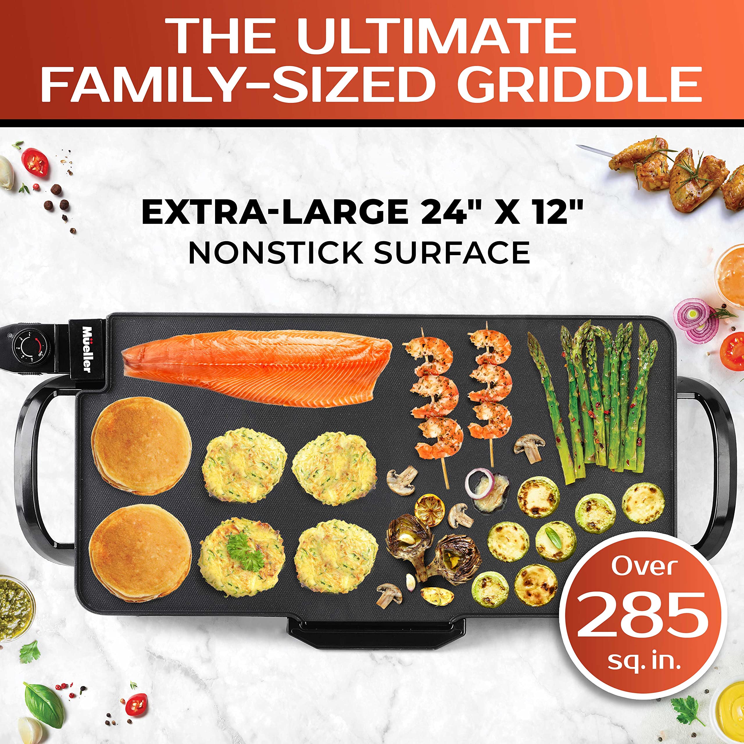 Mueller XL 24-Inch Pancake Griddle, Non-Stick Coated Electric Griddle with Removable Plate, Cool-Touch Removable Handles and Slide-Out Drip Tray 1800W, for Breakfast Pancakes, Burgers, Eggs, Black