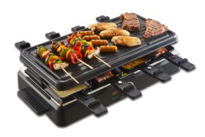 m minca 1500 watt electric raclette grill, korean bbq grill, table portable 2 in 1 indoor & cheese raclette, removable hot plate, adjustable thermostat, with 8 x mini cheese pans & spatulas