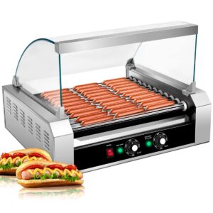 kotek hot dog roller machine, 30 hot dog and 11 non-stick roller, sausage grill cooker machine with glass cover, drip tray, dual temperature control for commercial and household use (11 rollers)
