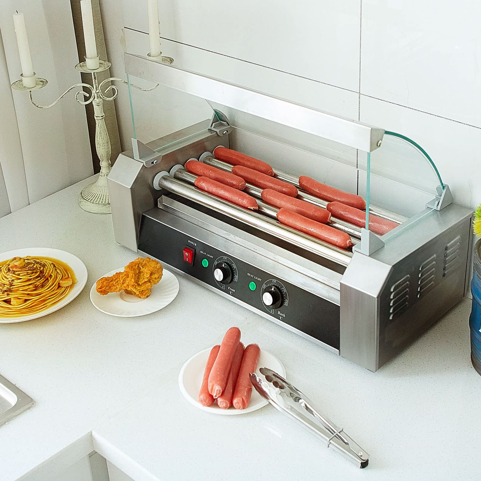 110V Hot Dog Roller Machine 5 Roller 12 Hot Dog Capacity Electric Grill Cooker Machine with Cover Stainless Steel Hot Dog Roller Warmer Sausage Maker for Both Commercial and Household Use