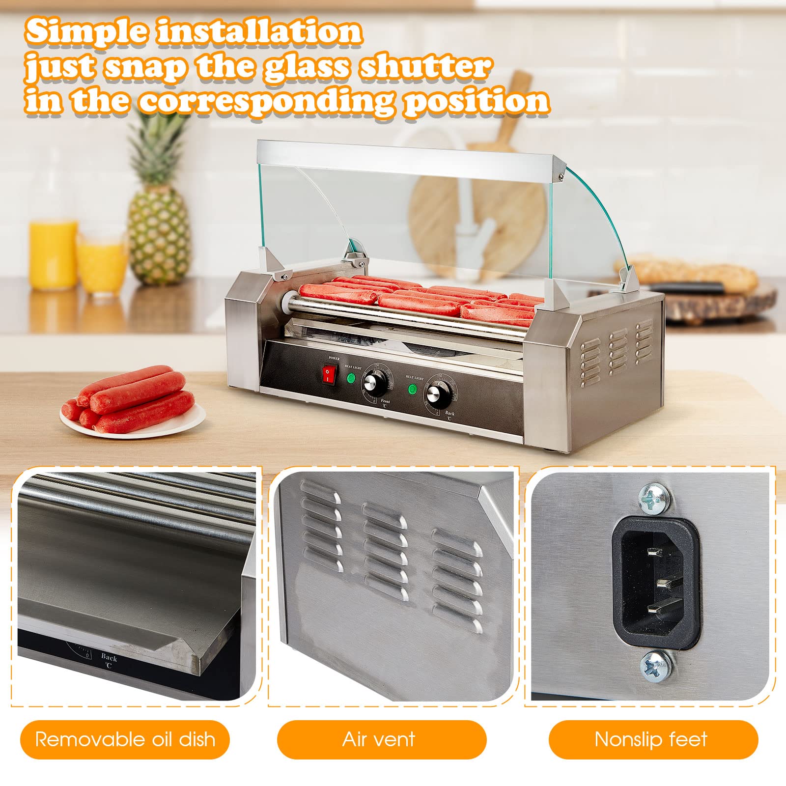 110V Hot Dog Roller Machine 5 Roller 12 Hot Dog Capacity Electric Grill Cooker Machine with Cover Stainless Steel Hot Dog Roller Warmer Sausage Maker for Both Commercial and Household Use