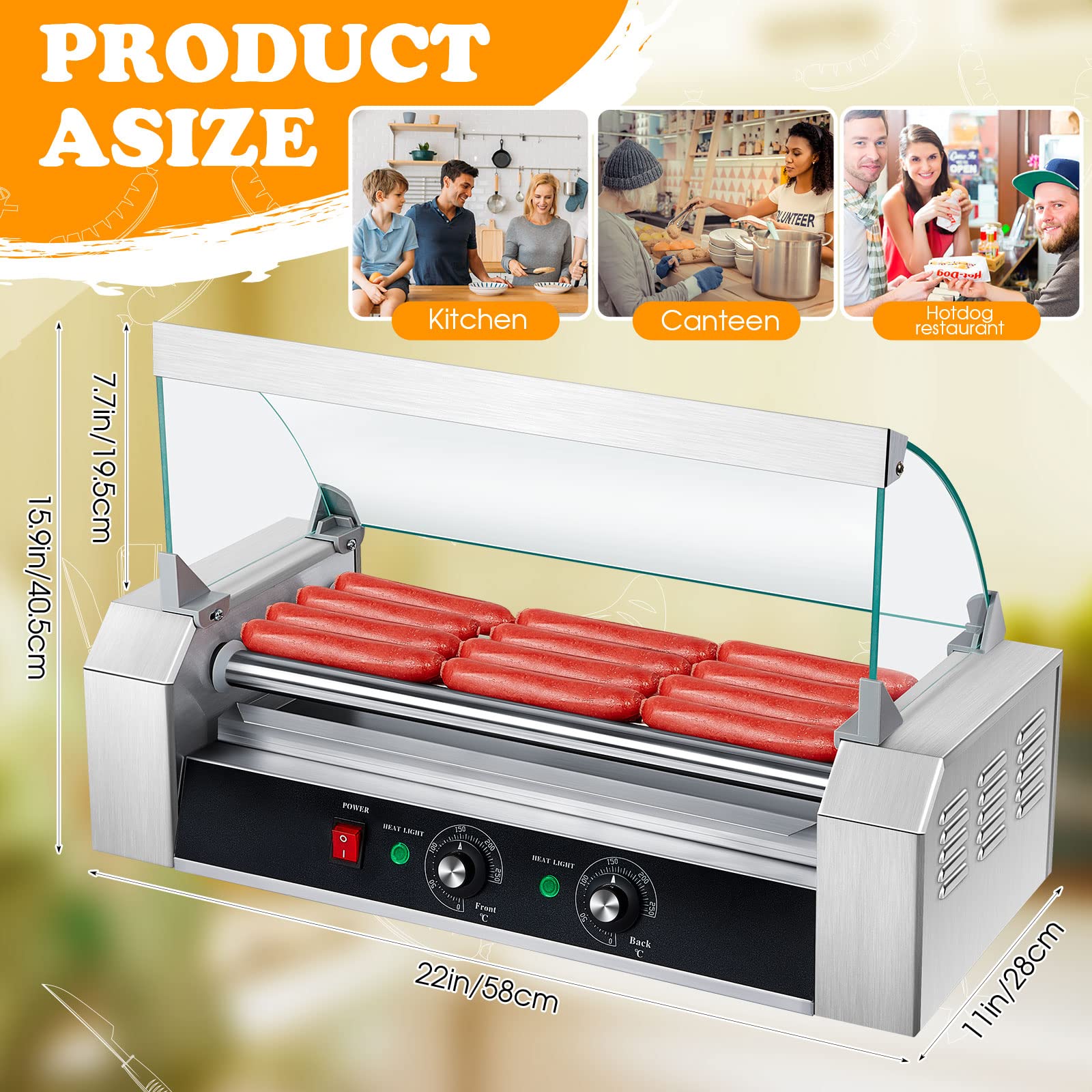 110V Hot Dog Roller Machine 5 Roller 12 Hot Dog Capacity Electric Grill Cooker Machine with Cover Stainless Steel Hot Dog Roller Warmer Sausage Maker for Both Commercial and Household Use