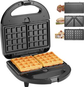 sandwich maker, 3 in 1 waffle maker, grill, 750w, led indicator lights, cool touch handle, anti-skid feet, detachable non-stick coating, easy to clean,black.