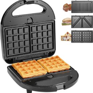 Sandwich Maker, 3 in 1 Waffle Maker, Grill, 750W, LED Indicator Lights, Cool Touch Handle, Anti-Skid Feet, Detachable Non-stick Coating, Easy to Clean,Black.