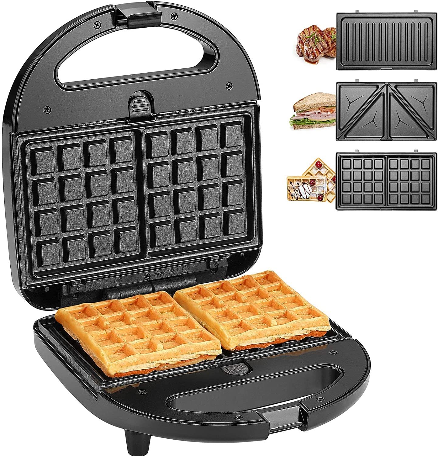 Sandwich Maker, 3 in 1 Waffle Maker, Grill, 750W, LED Indicator Lights, Cool Touch Handle, Anti-Skid Feet, Detachable Non-stick Coating, Easy to Clean,Black.