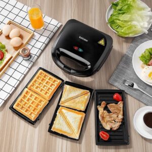 Sandwich Maker, 3 in 1 Waffle Maker, Grill, 750W, LED Indicator Lights, Cool Touch Handle, Anti-Skid Feet, Detachable Non-stick Coating, Easy to Clean,Black.