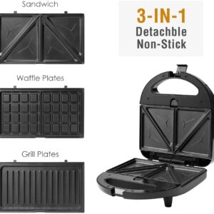 Sandwich Maker, 3 in 1 Waffle Maker, Grill, 750W, LED Indicator Lights, Cool Touch Handle, Anti-Skid Feet, Detachable Non-stick Coating, Easy to Clean,Black.