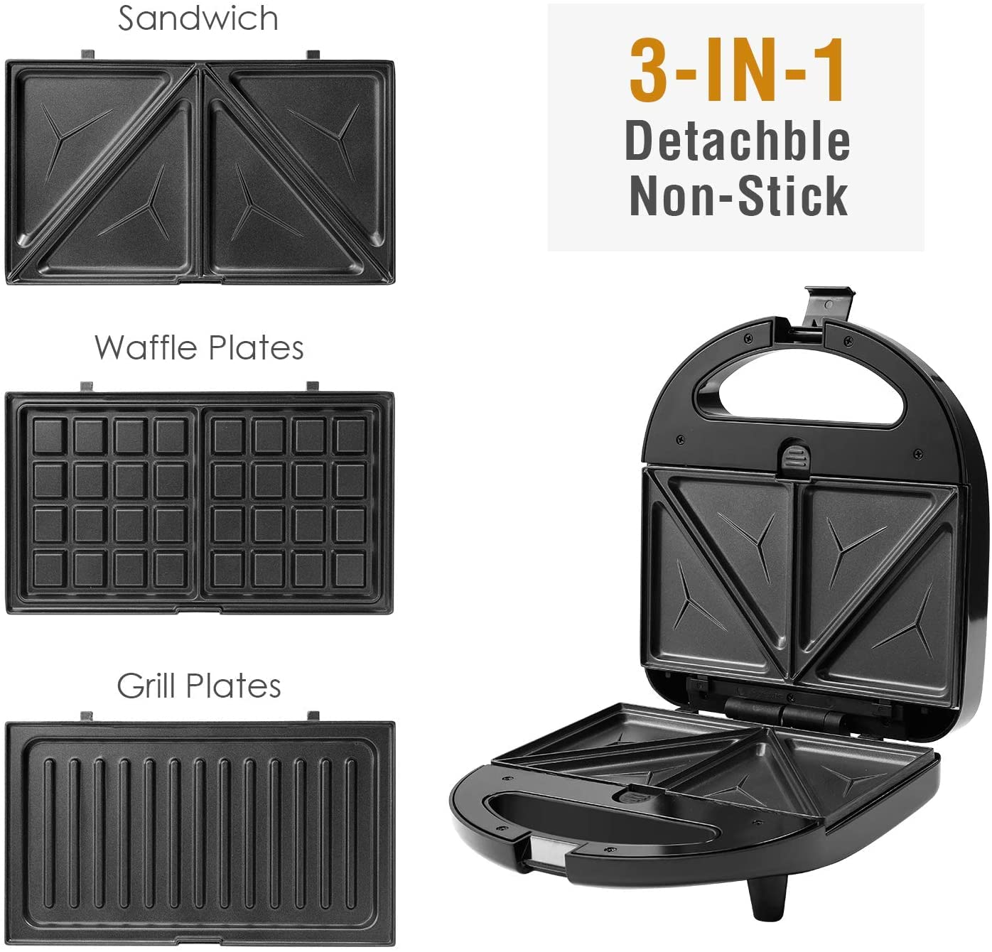 Sandwich Maker, 3 in 1 Waffle Maker, Grill, 750W, LED Indicator Lights, Cool Touch Handle, Anti-Skid Feet, Detachable Non-stick Coating, Easy to Clean,Black.