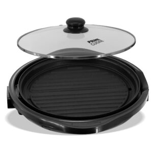 prime cuisine 12 inch round indoor non-stick electric grill, adjustable thermostat control, cool touch handles, nonstick pan & tempered glass lid, black