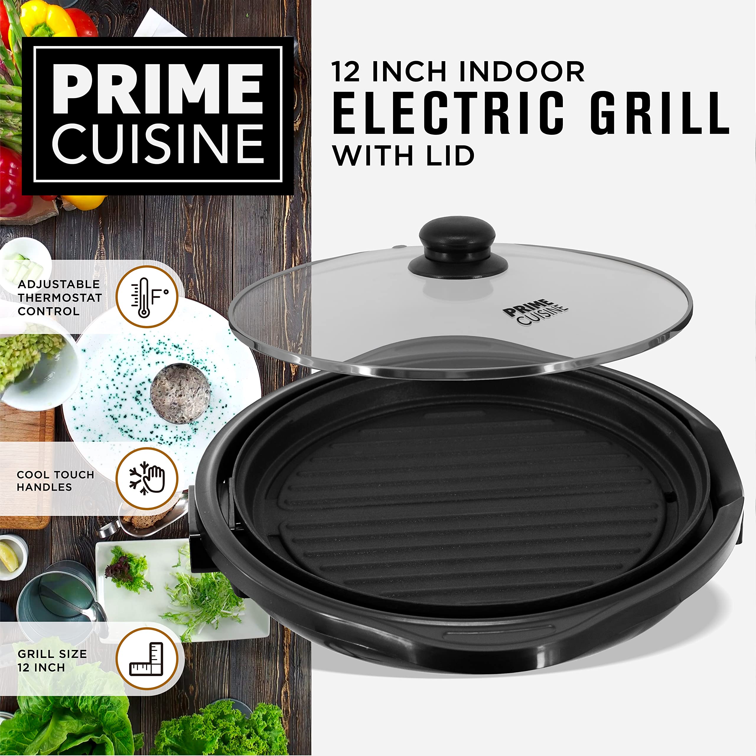 Prime Cuisine 12 Inch Round Indoor Non-Stick Electric Grill, Adjustable Thermostat control, cool touch handles, Nonstick Pan & Tempered Glass Lid, Black