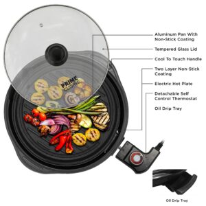 Prime Cuisine 12 Inch Round Indoor Non-Stick Electric Grill, Adjustable Thermostat control, cool touch handles, Nonstick Pan & Tempered Glass Lid, Black