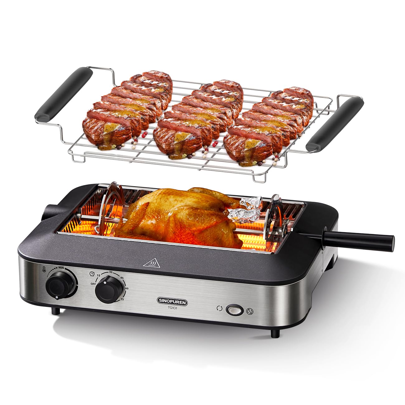 SINOPUREN Electric Grill TG101, Indoor BBQ Rotisserie, with Adjustable Temperature Control, Removable Grill & Griddle Nonstick Plates, 1600w Fast Heat Up, Stainless Steel, Dishwasher Safe