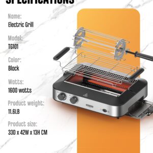 SINOPUREN Electric Grill TG101, Indoor BBQ Rotisserie, with Adjustable Temperature Control, Removable Grill & Griddle Nonstick Plates, 1600w Fast Heat Up, Stainless Steel, Dishwasher Safe