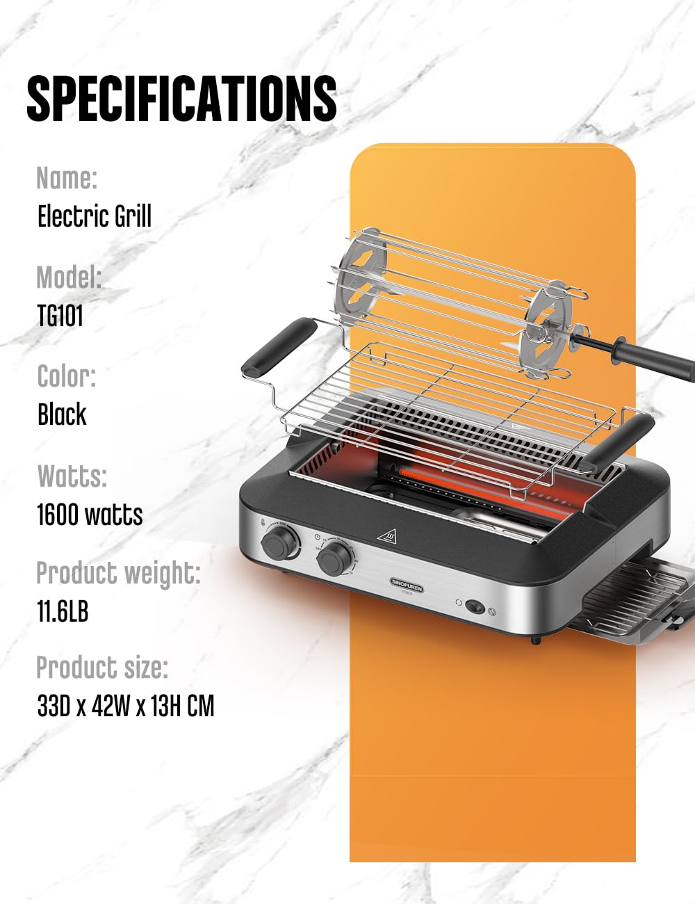 SINOPUREN Electric Grill TG101, Indoor BBQ Rotisserie, with Adjustable Temperature Control, Removable Grill & Griddle Nonstick Plates, 1600w Fast Heat Up, Stainless Steel, Dishwasher Safe