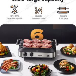 SINOPUREN Electric Grill TG101, Indoor BBQ Rotisserie, with Adjustable Temperature Control, Removable Grill & Griddle Nonstick Plates, 1600w Fast Heat Up, Stainless Steel, Dishwasher Safe