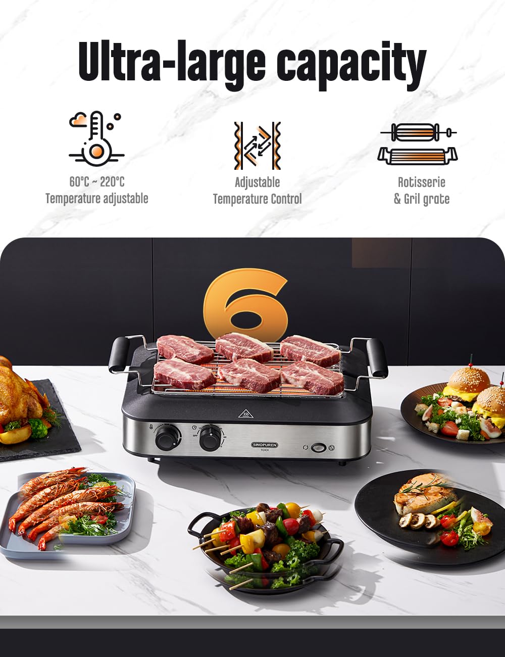 SINOPUREN Electric Grill TG101, Indoor BBQ Rotisserie, with Adjustable Temperature Control, Removable Grill & Griddle Nonstick Plates, 1600w Fast Heat Up, Stainless Steel, Dishwasher Safe