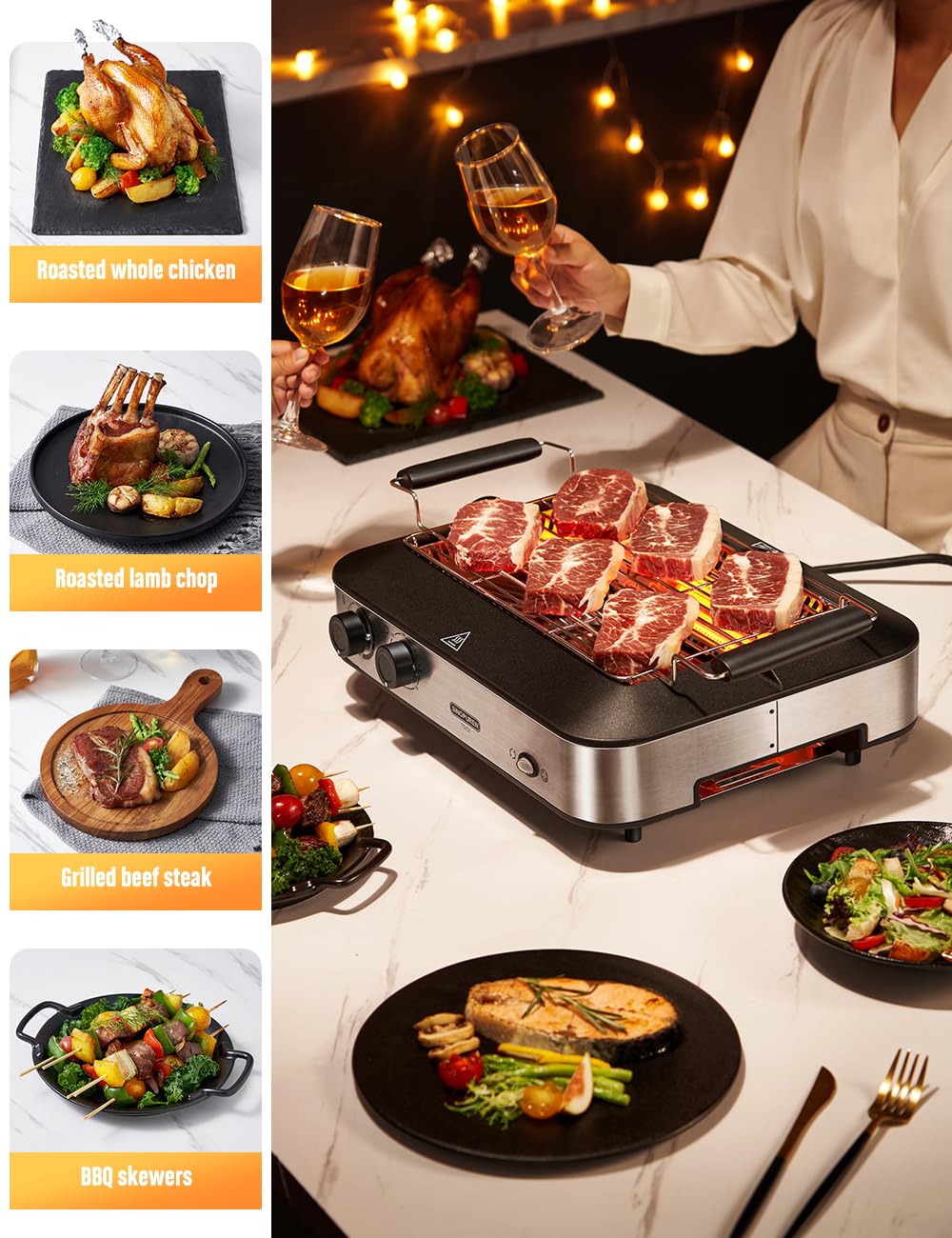 SINOPUREN Electric Grill TG101, Indoor BBQ Rotisserie, with Adjustable Temperature Control, Removable Grill & Griddle Nonstick Plates, 1600w Fast Heat Up, Stainless Steel, Dishwasher Safe